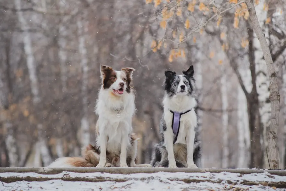 Two Border Collies sitting in a snowy forest setting with falling snowflakes, creating a serene winter scene.