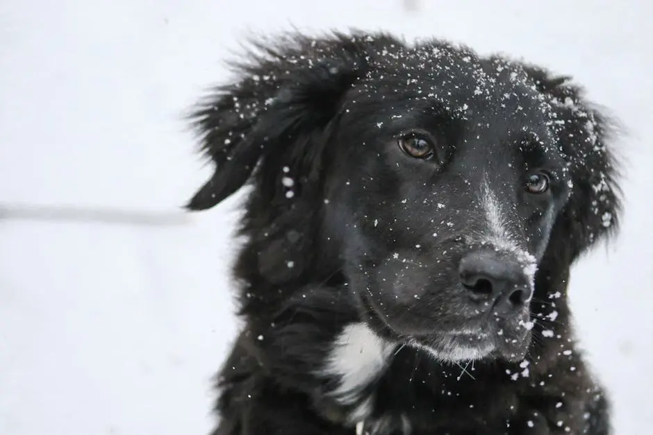 Close-up of a black dog with snowflakes in its fur, set against a wintry background.