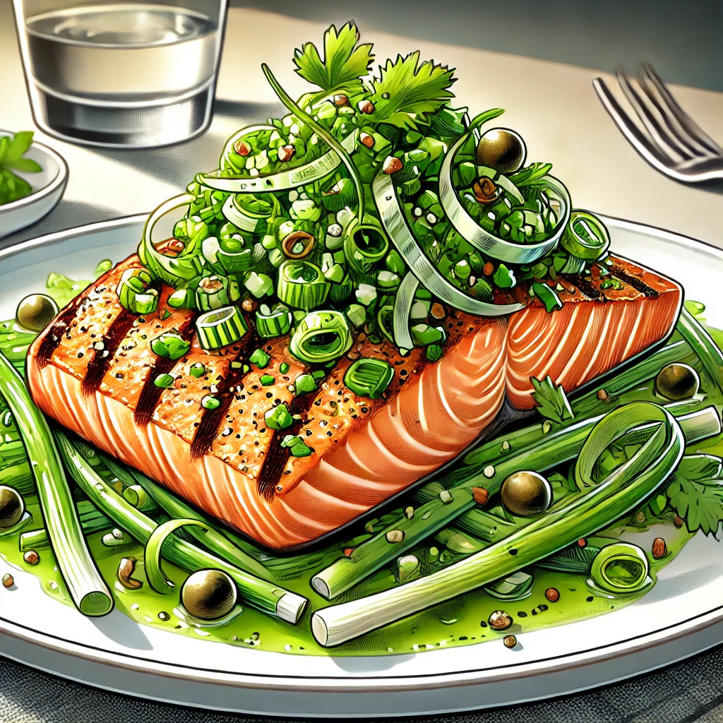 Scallions grilled salmon topped with a vibrant green onion and herb salsa